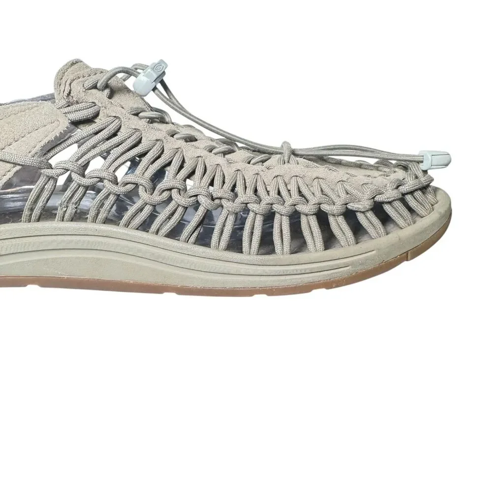 Keen Uneek Sandals Mens US 10 Gray Suede Walking Hiking Woven Bungee White Logo